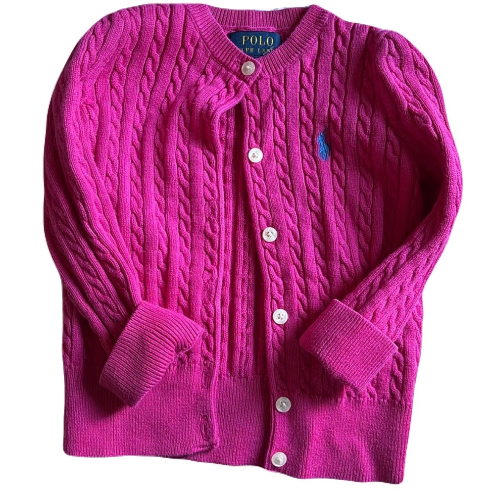 Ralph Lauren Polo Cardigan Cable Knit cotton Sz 2/2T  Pink blue horse